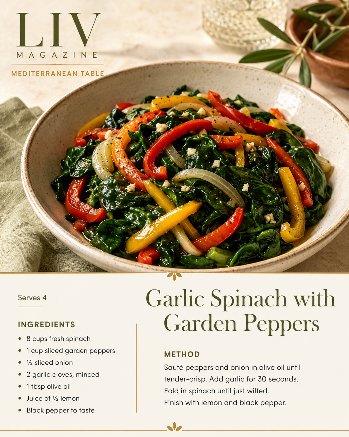 Garlic Spinach with Garden Peppers recipe card