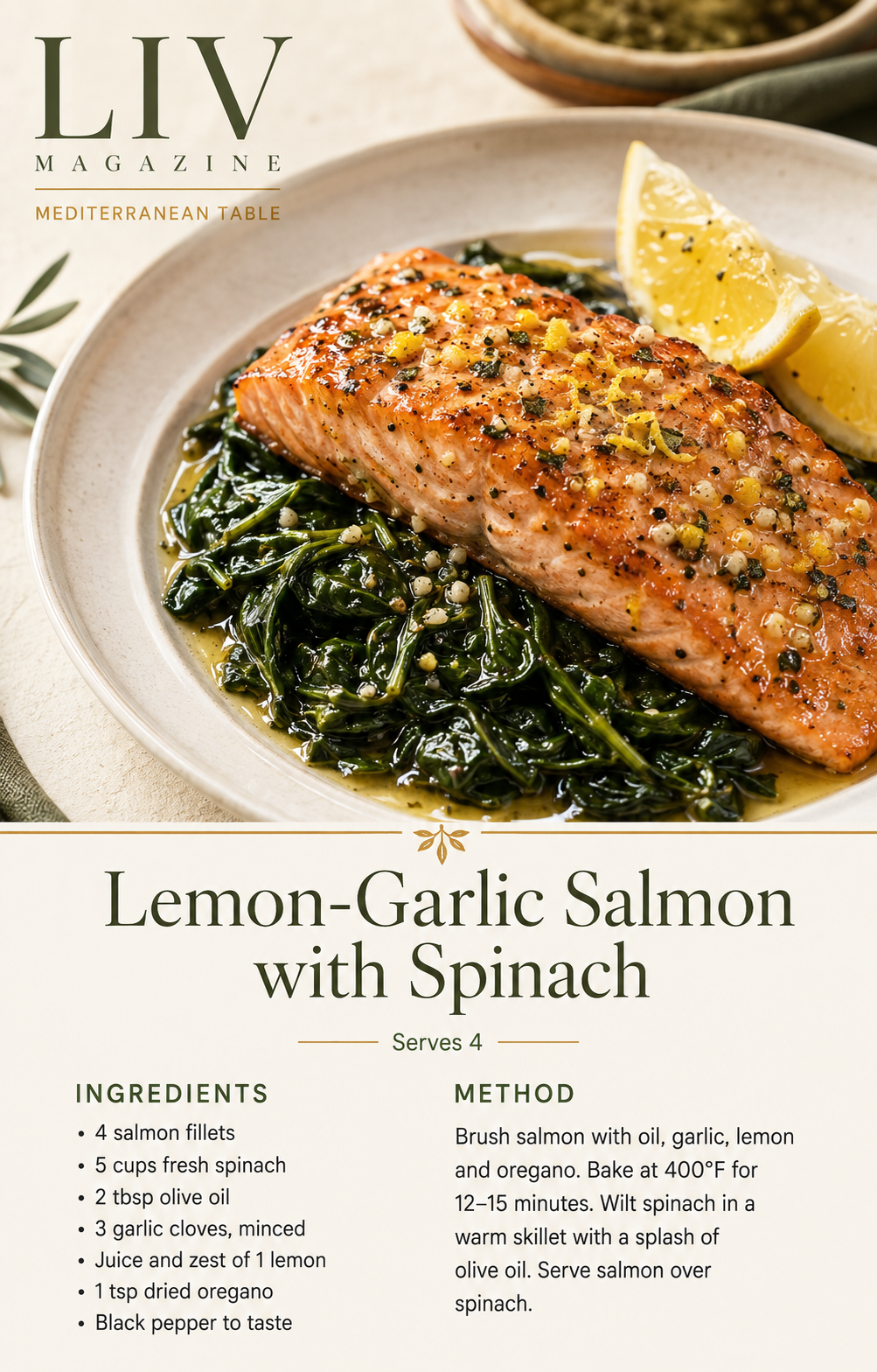 Lemon-Garlic Salmon with Spinach recipe card
