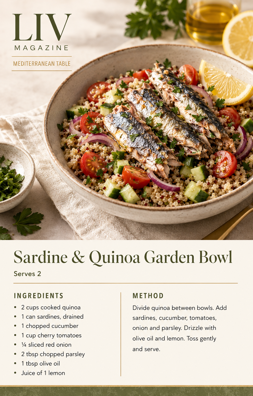 Sardine and Quinoa Garden Bowl recipe card