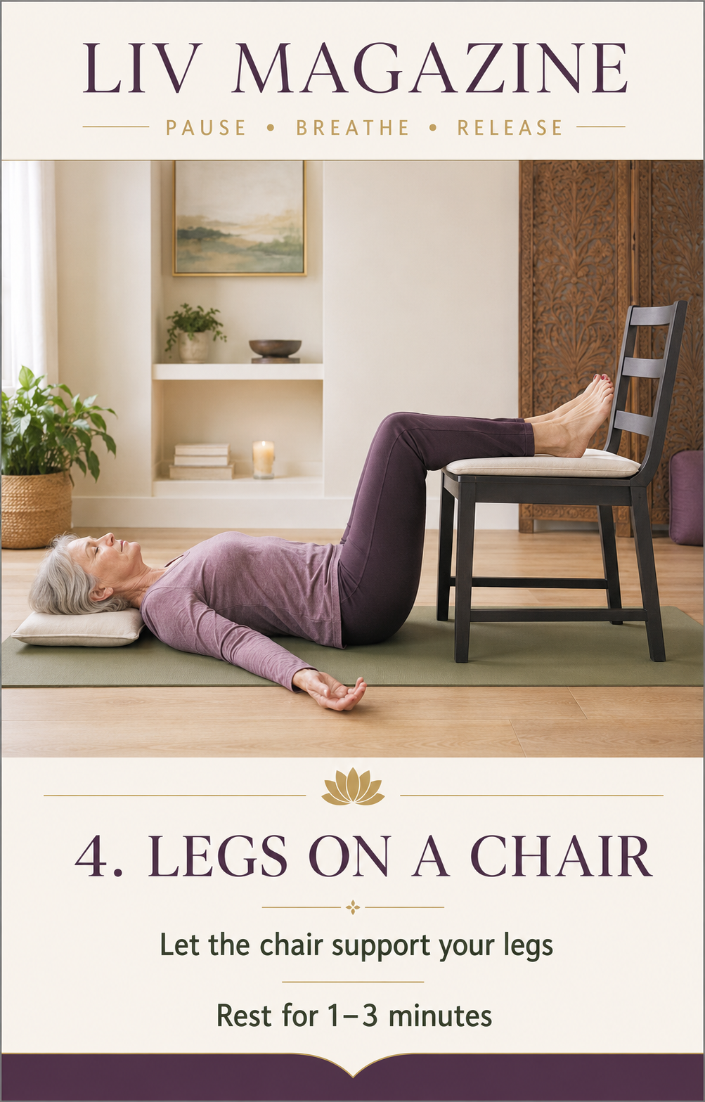 Legs resting at a right angle on the seat of a chair