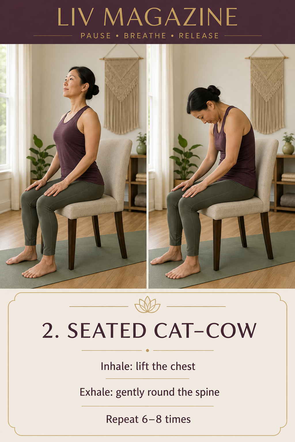 Seated Cat-Cow movement shown in two positions on a chair