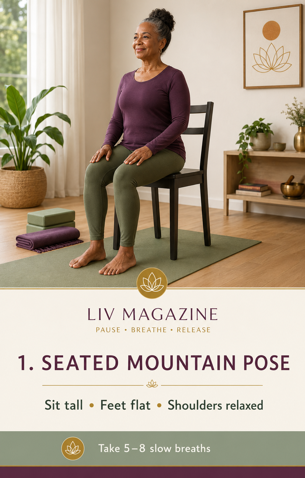 Seated Mountain Pose with a woman sitting tall on a chair